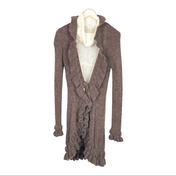 brown Wool Blend Alpaca Cardigan with Ruffle accents - Picture 2 of 6